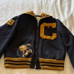 Gently Loved Vintage Black and Gold Varsity Jacket by Delong Sportswear